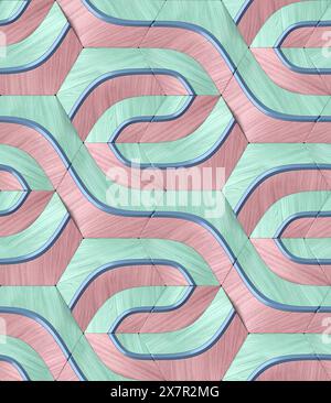 This is a 3D digital illustration featuring a seamless geometric pattern with wave-like curves in pastel colors. Stock Photo