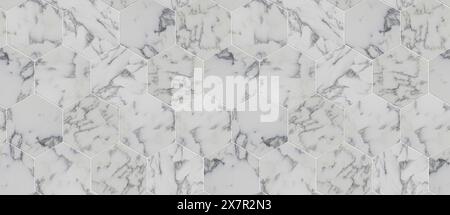 This image features a seamless pattern of geometric marble hexagon tiles suitable for the GeoModule design concept. Each tile showcases unique grey ve Stock Photo