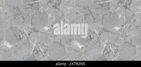 A seamless pattern of gray marble hexagonal tiles suitable for backgrounds, textures, and flooring designs. Stock Photo