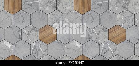 A seamless pattern featuring alternating hexagon tiles with realistic marble and wood textures, ideal for modern interior designs. Stock Photo