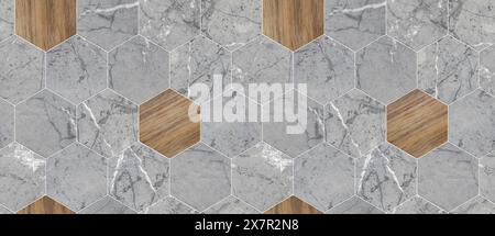 Elegant gray marble hexagon tiles interspersed with warm wooden ones create a balanced, modern geometric pattern for stylish interiors. Stock Photo