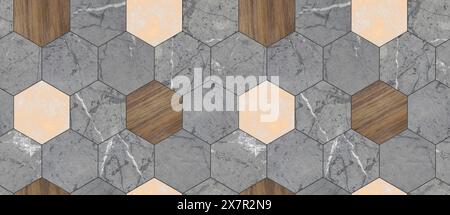A seamless geometric pattern featuring a combination of hexagon tiles with diverse textures, including stone and wood finishes, ideal for modern inter Stock Photo