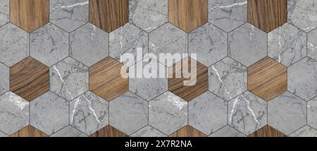 This high-resolution image features the GeoModule pattern with simple hexagon tiles alternating in marble and wood textures, showcasing contemporary i Stock Photo