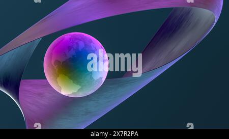 Vibrant abstract representation of the Earth encircled by flowing, colorful bands in the GeoModule style, set against a dark background. Stock Photo