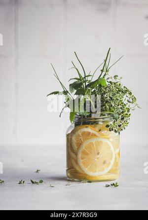 A refreshing jar of infused water filled with sliced lemons and a variety of fresh herbs including lemon thyme, chives, and melissa, set against a neu Stock Photo
