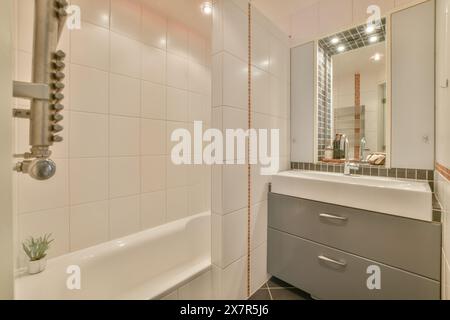 This modern bathroom features a sleek design with a white bathtub, a large mirror, and a gray vanity unit Stock Photo