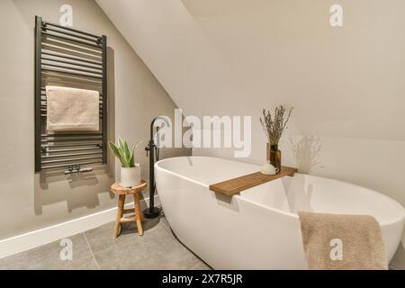 This stylish bathroom features a sleek, white freestanding bathtub, a contemporary floor-mounted faucet, and a heated towel rack, perfectly complement Stock Photo