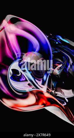 This abstract image features bold 3D glass waves in a spectrum of neon colors, including purple, pink, and blue, flowing elegantly over a deep black b Stock Photo