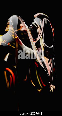 Captivating abstract digital artwork displaying fiery red and orange glass-like reflections swirling dynamically against a stark black background Stock Photo