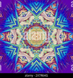 This image features an intricate kaleidoscope pattern with a vibrant blend of blue, purple, and gold hues, perfect for backgrounds or graphic elements Stock Photo