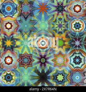 A mesmerizing display of kaleidoscope patterns in a vibrant and colorful abstract design suitable for creative backdrops. Stock Photo