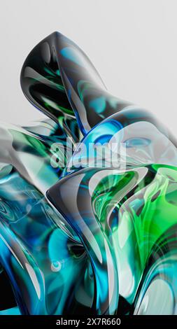 Abstract 3D glass sculptures with flowing shapes and reflections on a white background Stock Photo