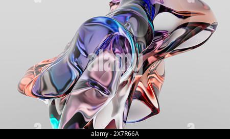 Stunning 3D abstract art showcasing multicolored glass reflections with smooth curves on a white backdrop Stock Photo