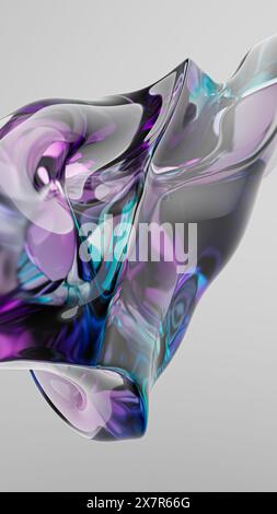 An abstract 3D render of twisting glass reflections with vibrant purple and blue hues on a white background Stock Photo