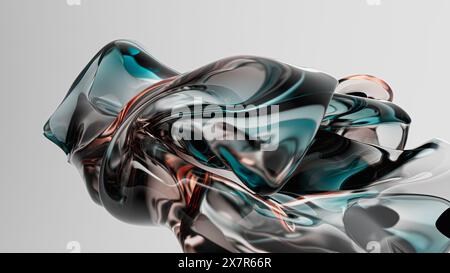 This image showcases a twisted 3D glass structure with vibrant reflections on a seamless white background, illustrating a modern artistic concept Stock Photo
