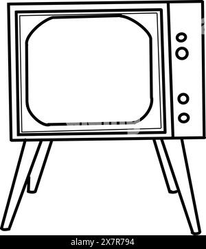 Retro TV on legs with a convex screen and buttons on the side. Vector illustration. The TV is drawn in vector in black, with an outline. For design. Stock Vector