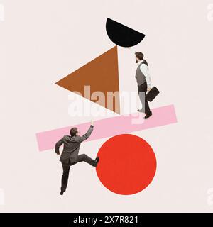 Contemporary art collage. Two businessmen try to balance on stack of geometry figures. Minimalistic design. Stock Photo