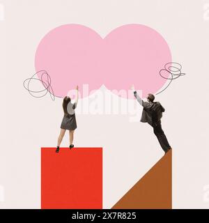 Contemporary art collage. Young man and woman stand on stable figures and pointing to pink circles while have conversation. Stock Photo