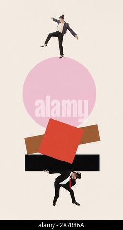Contemporary art collage. Young man holding stack of geometry figures and woman balancing on it. Help and support. Stock Photo