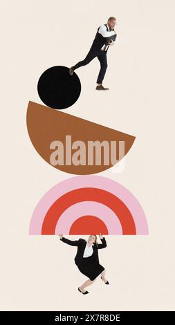 Contemporary art collage. Young woman holding stack of geometry shapes and man balancing on it. Support. Stock Photo
