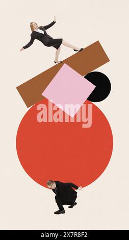 Contemporary art collage. Young man holding stack of geometry shapes and woman balancing on it. Support. Stock Photo