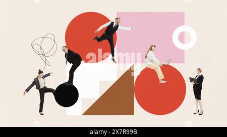 Contemporary art collage. Business people works together to achieve goals and develops their own project. Minimalistic design. Stock Photo