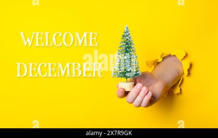 A hand holding a small Christmas tree in front of a yellow background with the words 'welcome December' written below Stock Photo