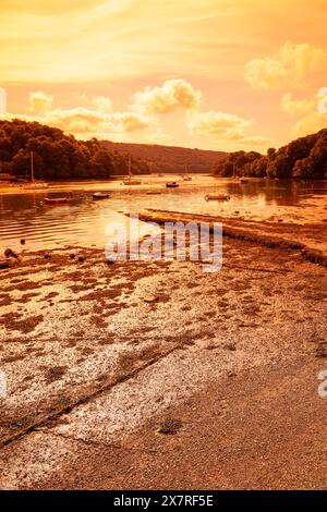 England, Devon, Dittisham, The River Dart at Low Tide with moored Boats Stock Photo
