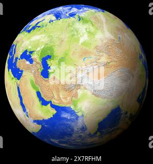 View of the earth from space showing Tajikistan in the center of the image. Stock Photo