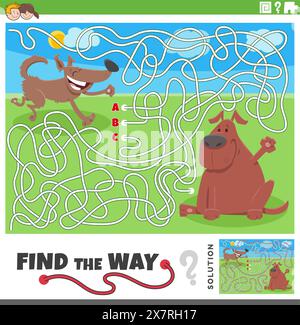 Cartoon illustration of find the way maze puzzle activity with funny dogs animal characters Stock Vector