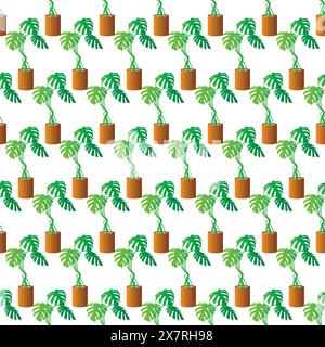 monstera plant in pot seamless pattern, monstera background vector Stock Vector
