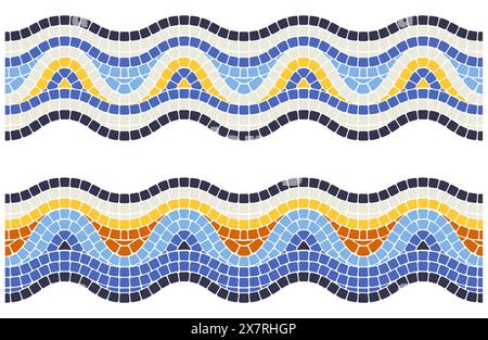 Wavy mosaic ornament, seamless border with pattern in portuguese style, waves tessellation, vector Stock Vector