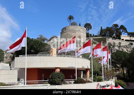 Monaco, Monaco - 19.03.2023: Flags of Monaco fluttering in the wind near the rock with the castle of Grimaldi Stock Photo