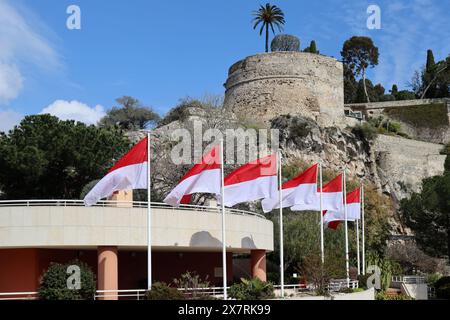 Monaco, Monaco - 19.03.2023: Flags of Monaco fluttering in the wind near the rock with the castle of Grimaldi Stock Photo