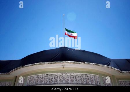 May 21, 2024, Peshawar, Peshawar, Pakistan: Reactions in Pakistan after Iranian President Raisi's death in helicopter crash.The Iranian national flag flies at half-mast at the Khana-e-Farhang Iranian culture centre, following the deaths of Iran's president Raisi and Foreign Minister Amir-Abdollahian, in Peshawar, Pakistan, 21 May 2024. Iranian president Raisi and seven others, among them foreign minister Amir-Abdollahian, were killed in a helicopter crash on 19 May 2024, after an official visit in Iran's northwest near the border with Azerbaijan, the Iranian government confirmed. The Pakistani Stock Photo