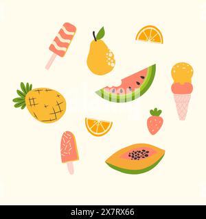 Handdrawn composition of floating summer fruits and desserts. Stock Vector