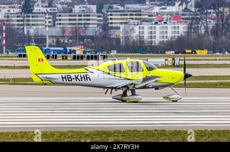 A Cirrus SR22 belonging to a private owner is waiting on the runway for clearance to take off. Registration HB-KHR. (Zurich, Switzerland, 11.03.2024) Stock Photo