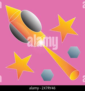 Aircraft flying rocket made of geometric shapes with gradient Stock Vector
