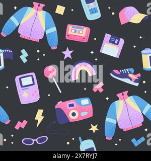 90s retro seamless pattern. Cute bright multicolor elements on dark background. Vector illustration in trendy flat style Stock Vector