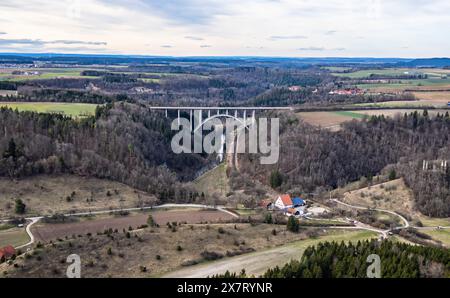 Rottweil, Germany, 2nd Mar 2024:Bird's-eye view along the course of the Neckar River to the Neckarburg Bridge, over which the A81 motorway runs. (Phot Stock Photo