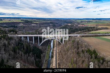 Rottweil, Germany, 2nd Mar 2024:Bird's-eye view along the course of the Neckar River to the Neckarburg Bridge, over which the A81 motorway runs. (Phot Stock Photo