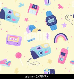 90s retro seamless pattern. Cute bright multicolor elements. on yellow background. Vector illustration in trendy flat style Stock Vector