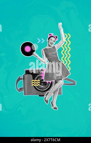 Exclusive magazine picture sketch collage image of carefree pin up lady enjoying retro party isolated creative background Stock Photo