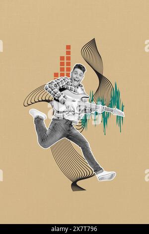 Collage 3d pinup pop retro sketch image of impressed funky guy playing guitar isolated painting background Stock Photo