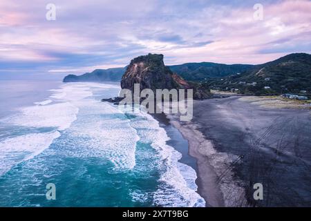 Aerial view of beautiful iconic Lion Rock and breaking wave on Piha beach in the evening at West coast of Auckland, New Zealand Stock Photo