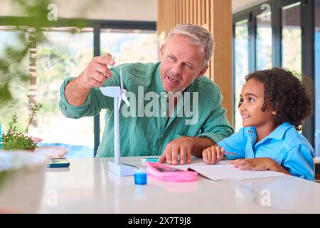 Family With Grandfather And Granddaughter Doing Homework On Green Energy With Model Turbine Stock Photo