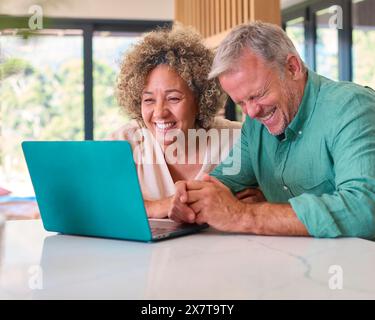 Multi-Racial Mature Couple At Home Celebrating Good News Looking At Laptop Stock Photo