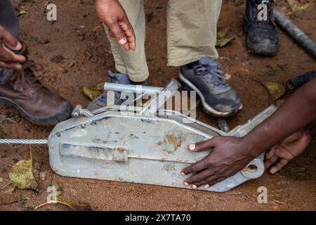 Recovery equipment for unstacking 4x4 vehicle out of muddy road, sand plates, mechanical winch, ropes, high lift jack, shovel, safety equiopment Stock Photo
