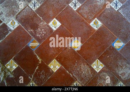 Moorish tiled floor with the Nasrid coat of arms at the xvi century mudejar style palace Casa de Pilatos in Seville, Andalusia, Spain Stock Photo