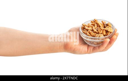 walnuts bowl in hand path isolated on white Stock Photo